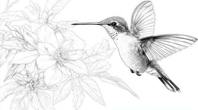 Detailed illustration of hummingbird in flight, surrounded by delicate flowers, showcasing intricate line work and natural beauty