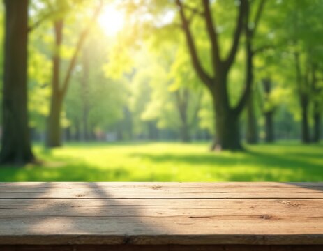 Wooden tabletop on green park grass in sun light. Empty table surface for product placement with copy space. Fresh nature background in spring summer.