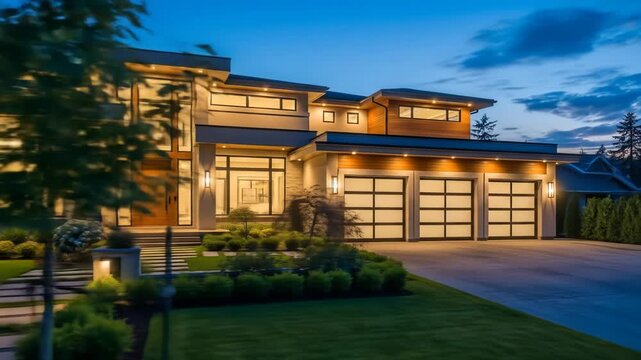 Lit modern home boasts stone & wood exterior, large windows, landscaped yard at dusk