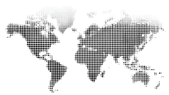 Halftone world map with dot pattern, dotted globe continents graphic, black and white Earth planet, global geography elements, digital simple travel infographics. Vector isolated concept Stock Vector