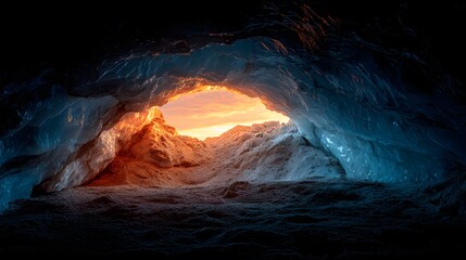 Entrance to an ice cave glows with warm sunset light.