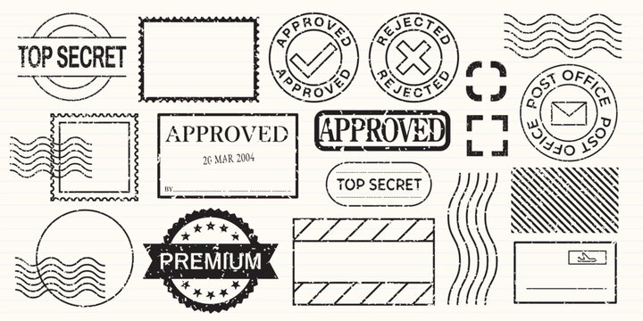 Collection of postal stamps and labels, featuring 'Approved', 'Rejected', 'Top Secret', and 'Premium'. Includes various shapes and designs for postal themes. Black stamps, vector set.