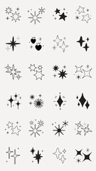 Collection of star and sparkle icons in various shapes. Stars and sparkles are black on a white background. Diverse star and sparkle designs in a grid layout. Element vector set.