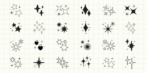 Collection of star and sparkle icons. Various star shapes and sparkle designs. Star and sparkle icons in black and white. Decorative star and sparkle elements. Element vector set.