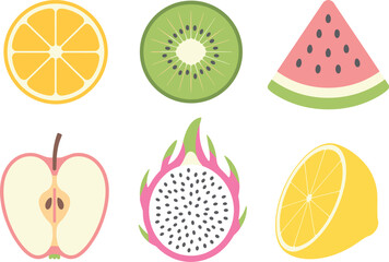 Assortment of Fresh Fruit Slices and Halves With White Background Keywords: fruit, orange, kiwi