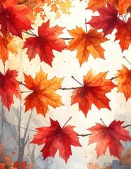 Watercolor painting of vibrant autumn leaves on branches