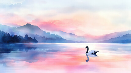 Serene watercolor landscape featuring swan gliding across tranquil lake, surrounded by misty mountains and soft pastel colors
