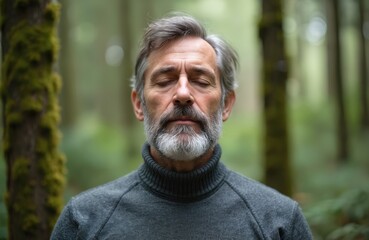Mature man with beard and closed eyes in forest. Male person practices meditation in green nature environment. Alone man in leisure activity with trees in background.