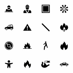 A collection of sixteen diverse black silhouette icons on a white background, including people, vehicles, fire, and geometric shapes.