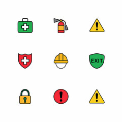 A grid of nine essential safety and security icons, featuring a lock, shield, fire extinguisher, first aid kit, warning sign, hard hat, CCTV camera, seatbelt, and exit arrow.