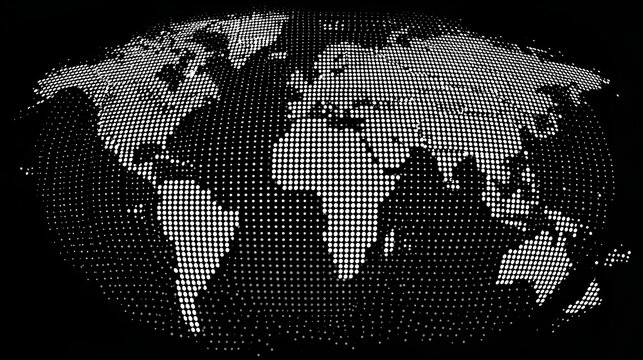Halftone world map with dot pattern, dotted globe continents graphic, black and white Earth planet, global geography elements, digital simple travel infographics. Vector isolated concept Stock Vector