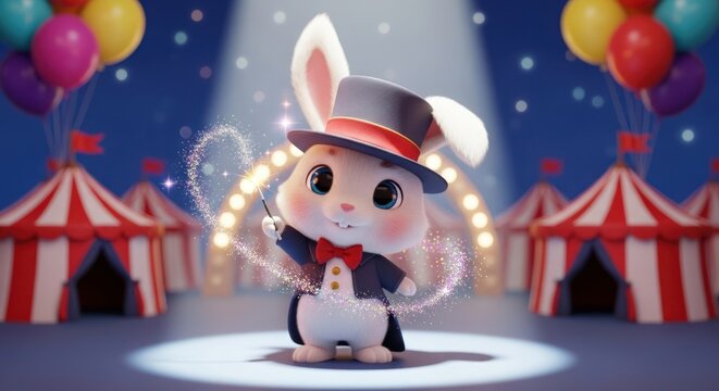 Enchanting circus bunny magician with sparkling wand on a whimsical stage setting