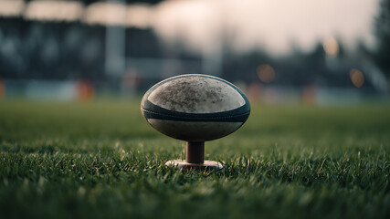 Rugby ball on a kicking tee on a green grass field with a blurred stadium background at dusk.