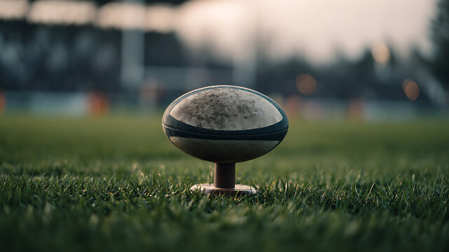 Rugby ball on a kicking tee on a green grass field with a blurred stadium background at dusk.