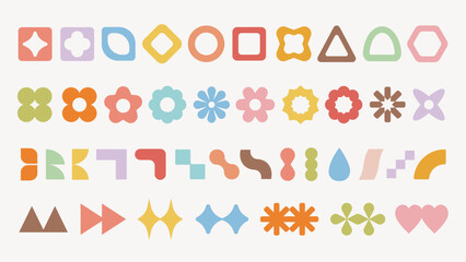 Colorful geometric shapes in various forms like circles, squares, and triangles. Bright geometric patterns with diverse shapes and colors. Abstract geometric design. Pastel elements, vector set.