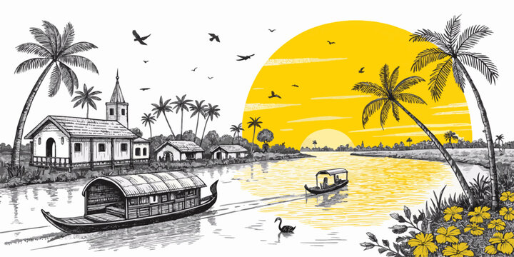 Alleppey Kerala Line Art Illustration with Scenic Backwaters, Houseboats, and Sunset Horizon &ndash; Ideal for Travel Agencies and Heritage Promotion Materials