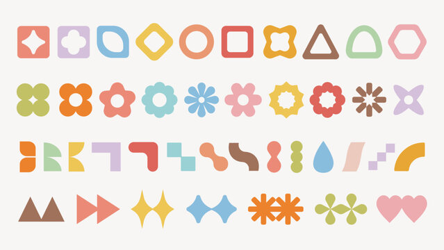 Colorful geometric shapes in various forms like circles, squares, and triangles. Bright geometric patterns with diverse shapes and colors. Abstract geometric design. Pastel elements, vector set.