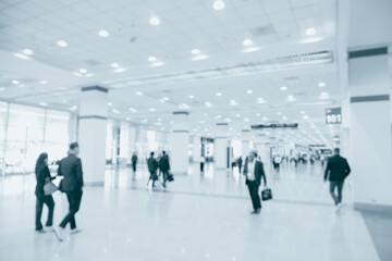 Fototapeta premium Convention center hall corridor blur background, World conference, International business blue color