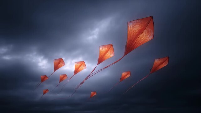 Orange Kites Flying in Gloomy Sky