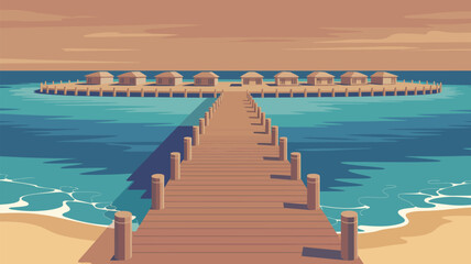 Fototapeta premium Wooden pier leading to island with huts under a pastel sky and blue water on a sunny day scene view