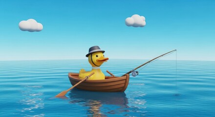 Duck enjoying a peaceful fishing trip on a calm sea under a bright blue sky with fluffy clouds