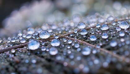 Delicate water droplets glisten on a textured leaf, capturing the essence of a fresh morning.
