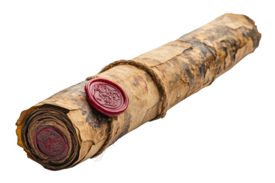 Aged parchment scroll tied with twine, sealed with red wax