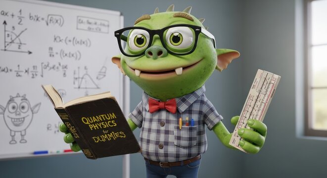 Whimsical green creature tackles quantum physics in a charming and humorous illustration