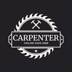 Carpentry vector emblem logo design | Vintage Carpenter Logo Design &mdash; Circular Saw Blade Emblem with Crossed Hammers and Retro Typography for Woodworking, Carpentry, and Handcrafted Workshop Branding