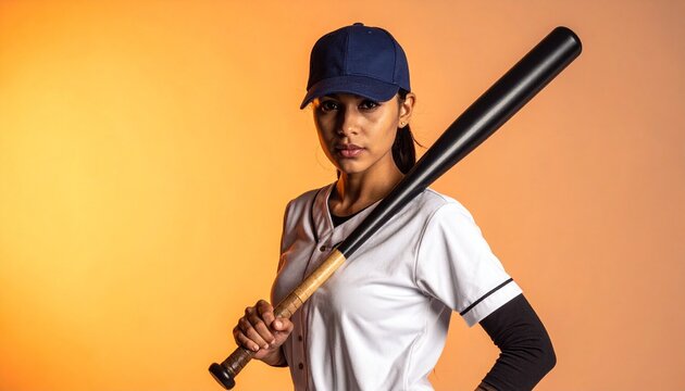 Young Woman in Baseball Uniform with Bat on Shoulder, Ready for Game on Orange Background
