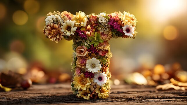 Floral letter T decoration sits on a rustic wooden table outdoors. - Powered by Adobe