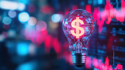 Glowing light bulb with dollar sign symbolizes financial ideas and economic insights, set against backdrop of stock market data