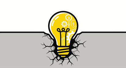 Creative Light Bulb with Gears Emerging from Cracked Ground &ndash; Symbol of Innovation and Growth