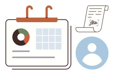 Calendar featuring a data chart and task list, document with signature, and user profile icon. Ideal for scheduling, organization, project planning, workflow, teamwork data and management. Simple