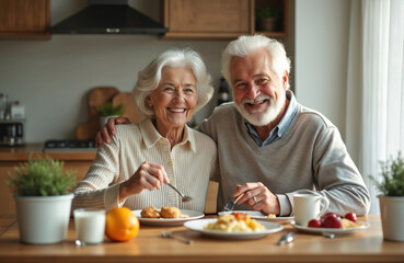 Happy senior couple eating breakfast together in kitchen. Elderly man and woman sitting at table with food and drinks. They are smiling and enjoying each other company.