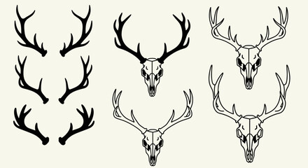 Illustration of deer antlers and skulls in varying styles, presented in a monochrome, vector-based design.