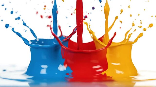 Vibrant splashes of blue, red, and yellow paint erupting in a dynamic display against a clean white background.