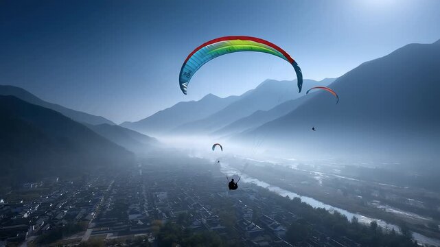 Paragliders flying above idyllic landscapes