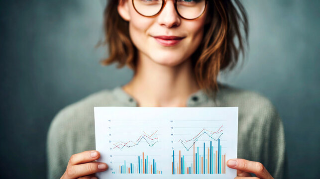 Young woman with round glasses holds a paper of bar and line charts in the foreground against a soft gray studio background, slight smile and knit sweater, concept of business analytics presentation