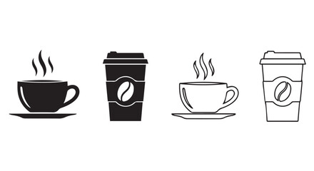 Assortment of coffee cups and mugs with steam isolated on transparent background