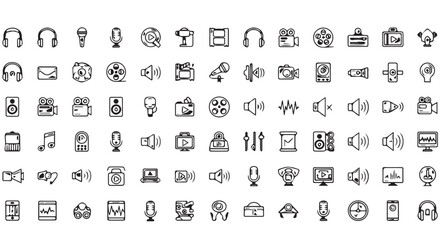 Assortment of audio and media icons, including headphones, microphones, and speakers, isolated on transparent background