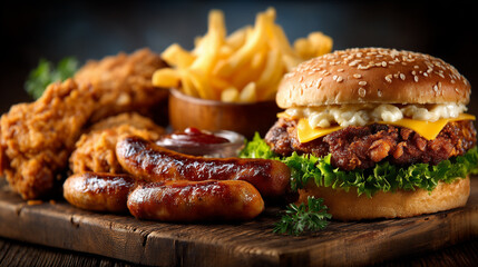 High-Quality Burger Imagery. fresh juicy cheeseburger with sausages and chicken on a wooden board