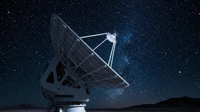 Massive radio telescope dish pointed towards the starry night sky, symbolizing exploration and discovery.