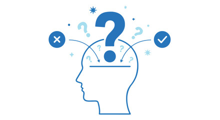 Illustration of a human head with a large question mark above it, isolated on transparent background