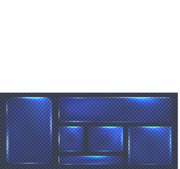 Neon blue glass frames with geometric shape glare, Collection of futuristic hud light blue frame powder size dust, Vector illustration.