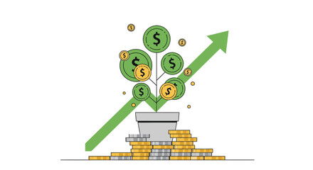Financial Growth Illustration with Coin Plant, Upward Arrow, and Prosperity Concept in Modern Vector Style