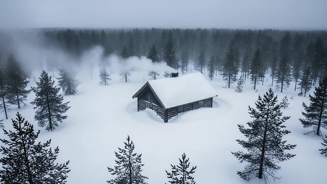 Serene winter cabin nestled deep within a snow-covered pine forest with smoke gently rising from the chimney creating a cozy