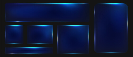 Neon blue glass frames with geometric shape glare on dark background, Collection of futuristic hud light blue frame powder size dust, Vector illustration.