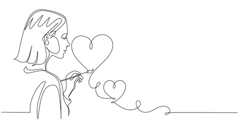 Woman drawing love lines embracing love herself. Selfcare, psychological concept. Continuous line drawing.