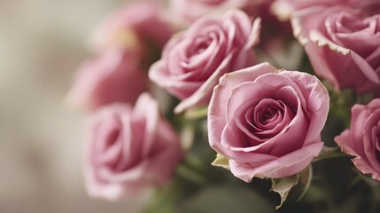Fototapeta premium Delicate pink roses bloom with soft focus and gentle light.